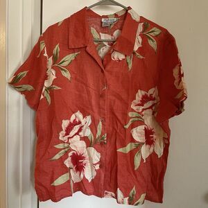 Style&Co Button Up Shirt Womens 18 100% Linen Short Sleeve Foral Hawaii Tropical